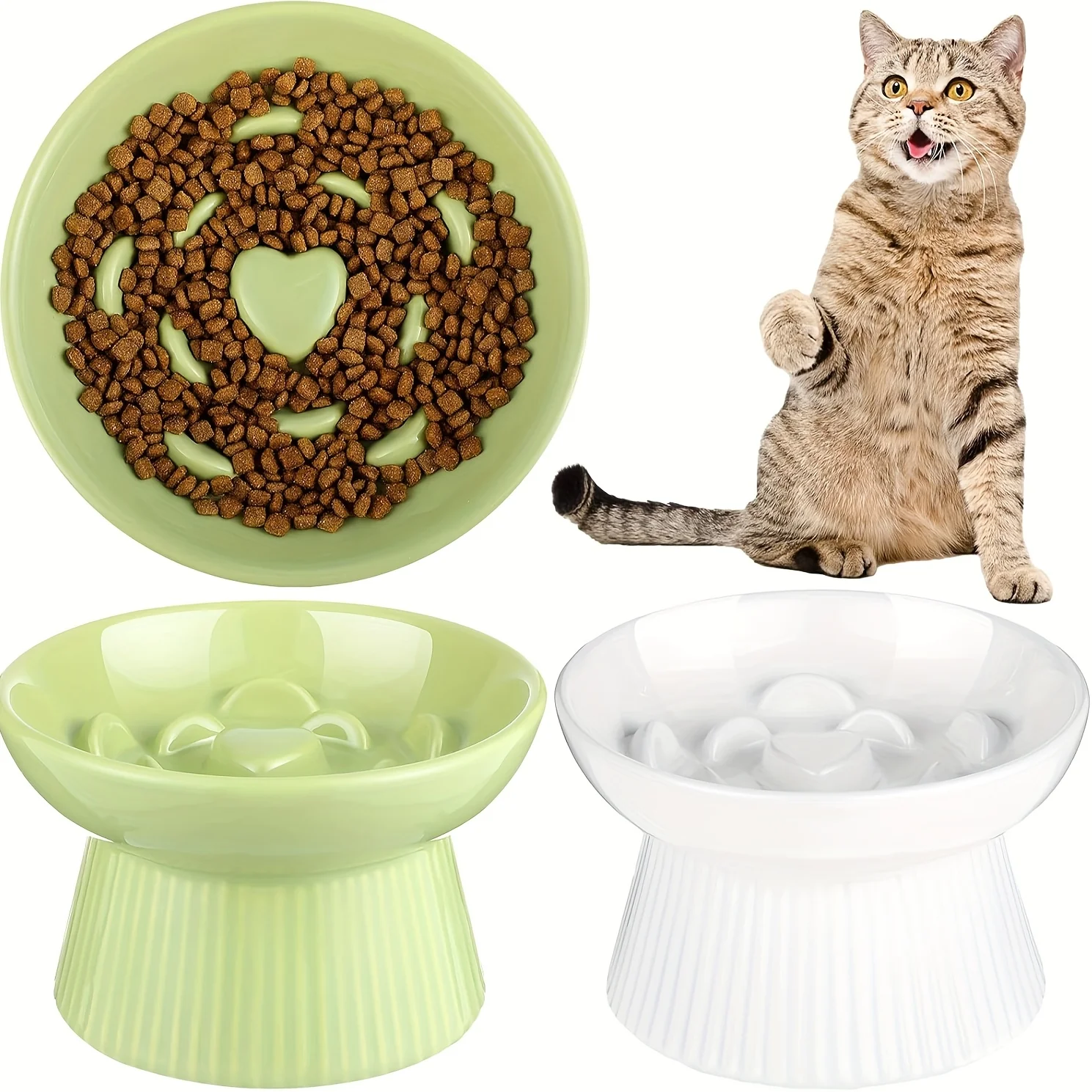 2pcs Ceramic Elevated Slow Feeder Cat Bowls - Heart-Shaped Design, Raised Food & Water Dishes for Cats & Small Dogs, Dishwasher Safe, White & Green Pet Bowls with High Edges to Prevent Spillage, Nontoxic Material, Multipet Households